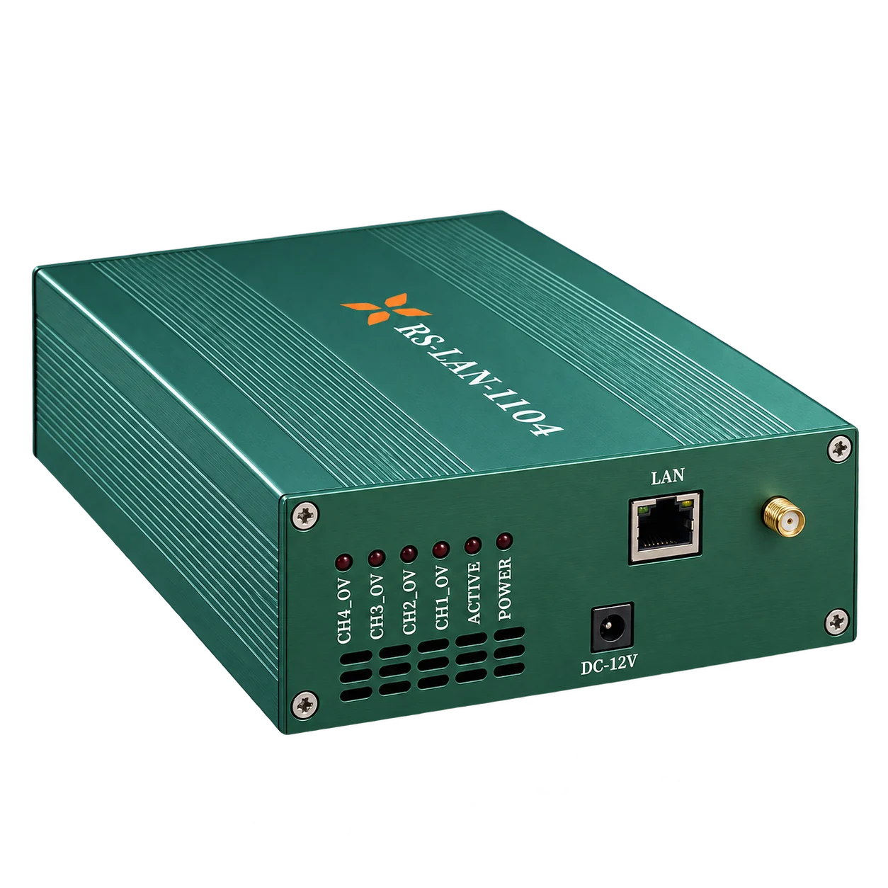 RS-LAN-1104 后侧斜视图，LAN、DC-12V及状态指示灯